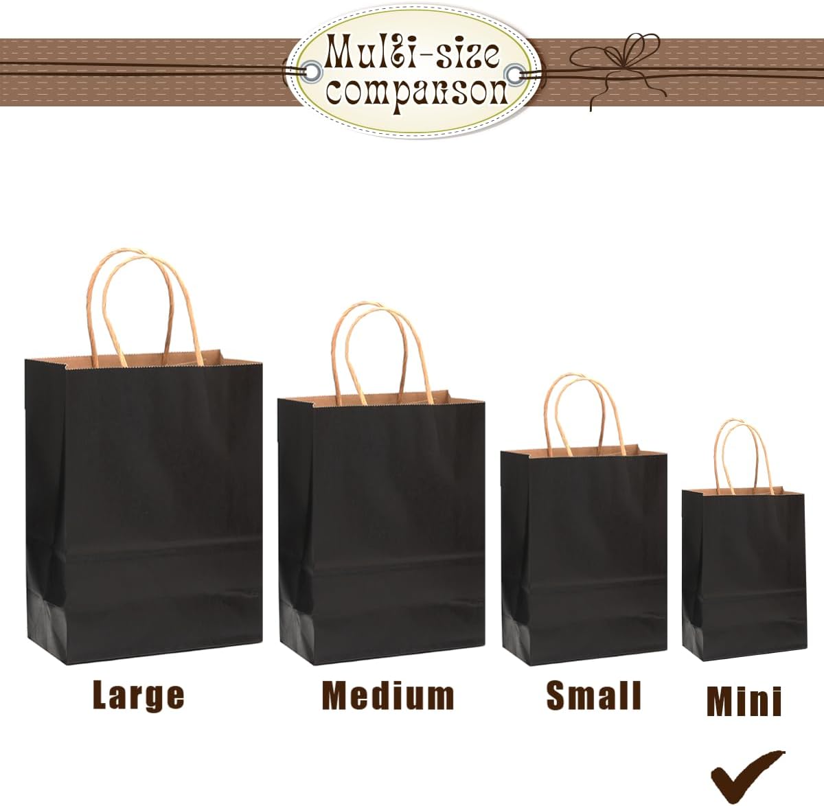 Bakepacker 100 Pcs Black Mini Paper Gift Bags with Handles 6"x4.5"x2.5" Kraft Party Favor Bags Multiple Uses (Mini size)