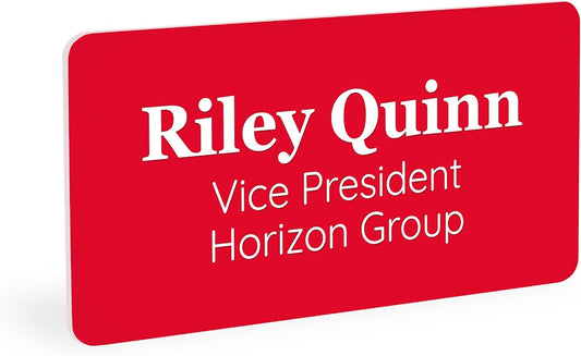 ExcelMark Custom Name Tag - Engraved Name Badge with Pin or Magnetic Backing, 16 Colors, 6 Fonts, and 2 Sizes to Choose from (Red w/White Letters, 1.5"x 3")