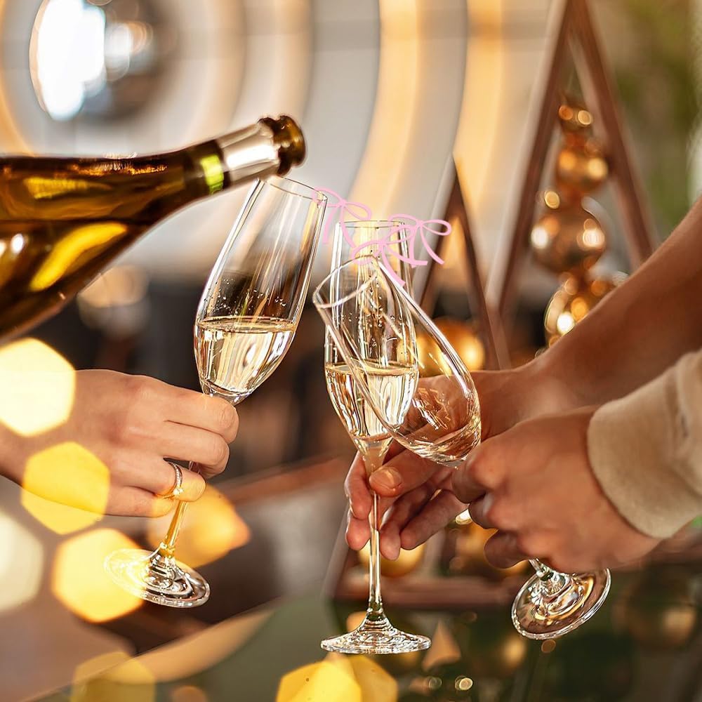 24 Pcs Pink Bow Drink Markers, Pink Bows Charms, Wine Coquette Wine Glass Tags, Drink Glasses Markers, Bar Tools Bow Acrylic Bowknot for Wedding Engagement Bachelorette Party Birthday