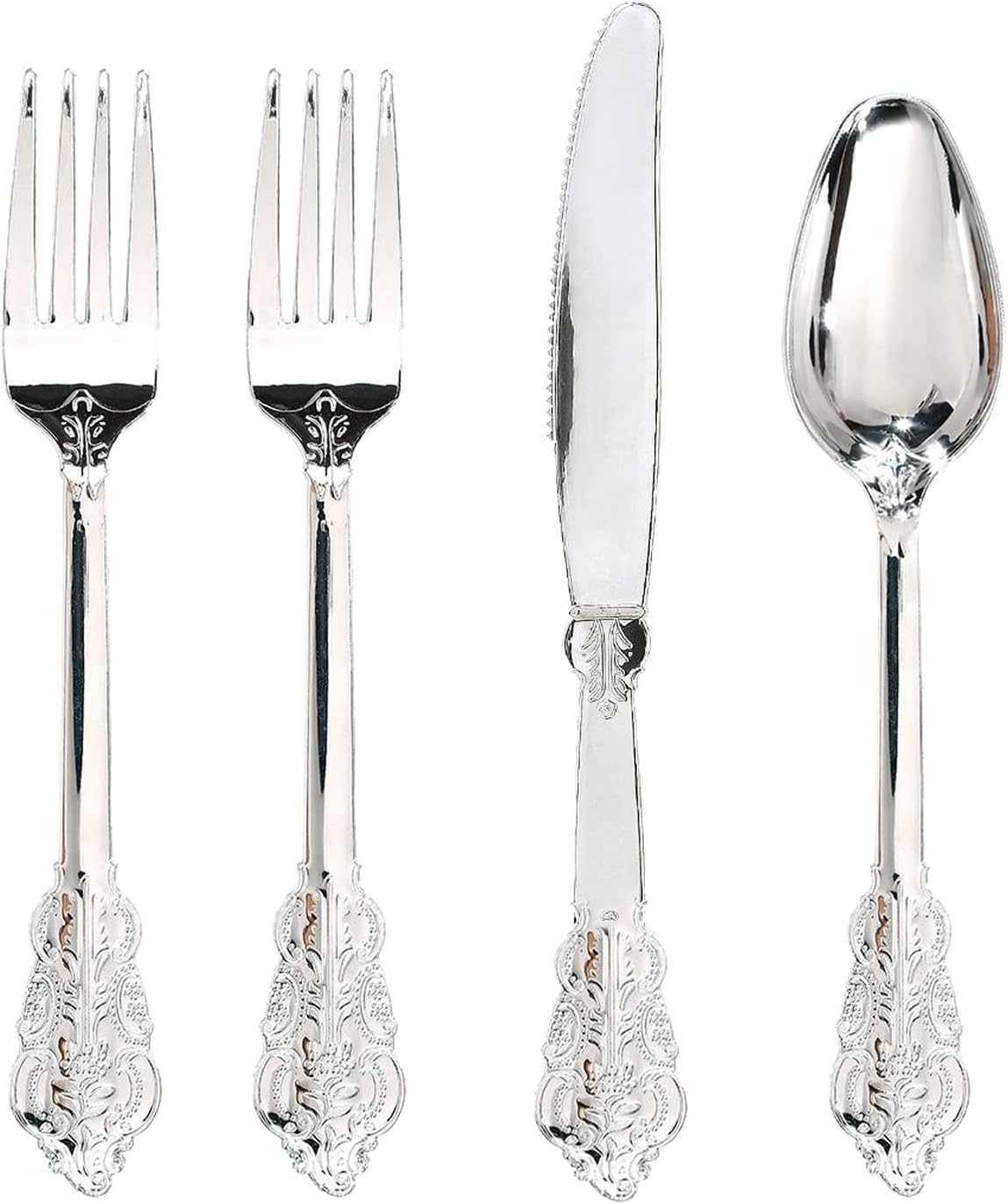 WDF 200 Pieces Silver Plastic Silverware Disposable - 50Guests Silverware Plastic Cutlery - Disposable Utensils Includes 100 Forks, 50 Spoons, 50 Knives Perfect for Christmas Wedding or Party