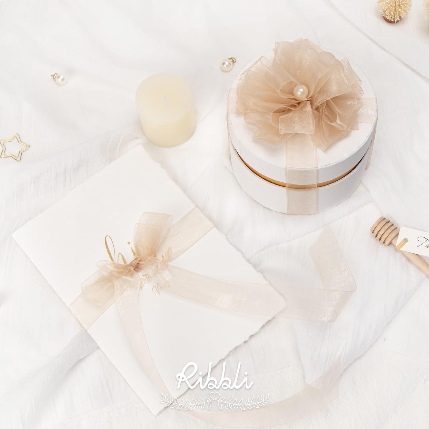 Ribbli Champagne Organza Ribbon,1 Inches x Continuous 50 Yard, Champagne Sheer Ribbon for Gift Wrapping,Cookie Wrapping,Wedding Decoration,All Crafting and Sewing