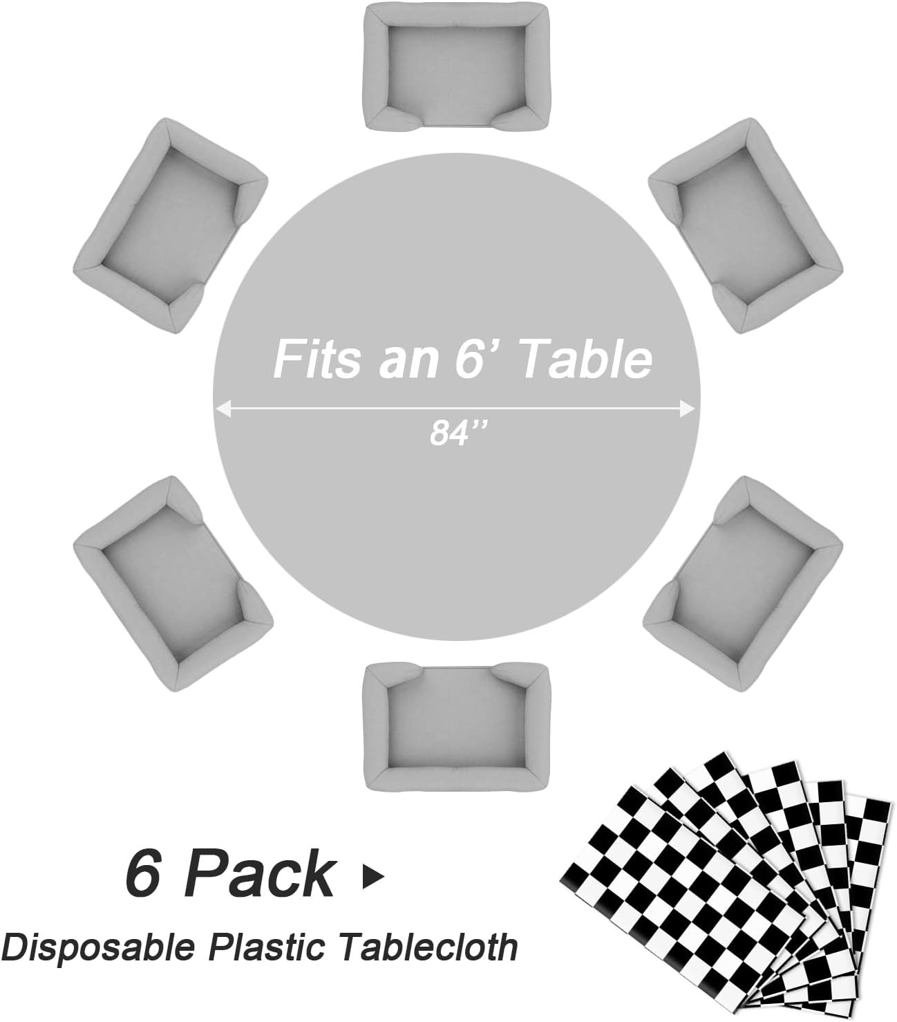 QIKSION Black and White Gingham Round Tablecloth 6 Pack, 84 Inch Plastic Checkered Table Cover Disposable for Parties