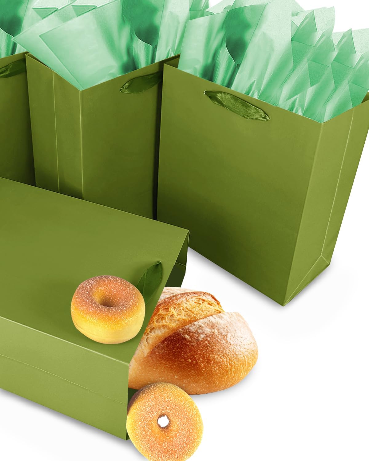Gcardist Olive Green Gift Bags with Tissue Paper for Wedding, Birthday, Party Supplies-7.9"x4.3"x9.6" Medium Size Cardboard Gift Bags（5pcs Bags +10pcs Tissue Paper ）