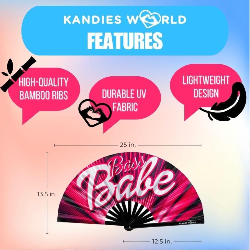 Kandies World UV Reactive Custom Festival Folding Hand Fan - Unique Designs, Made of Bamboo, Clacking Sound, Lightweight - Perfect Rave and Festival Accessory!
