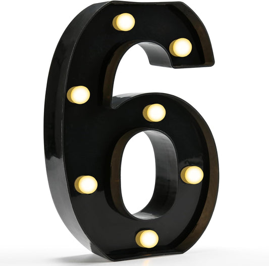 Pooqla Decorative Led Light Up Number Letters, Black Plastic Marquee Number Lights Sign for 6th 16th 60th Birthday Party Wedding Decor Battery Operated Black Decoration 6