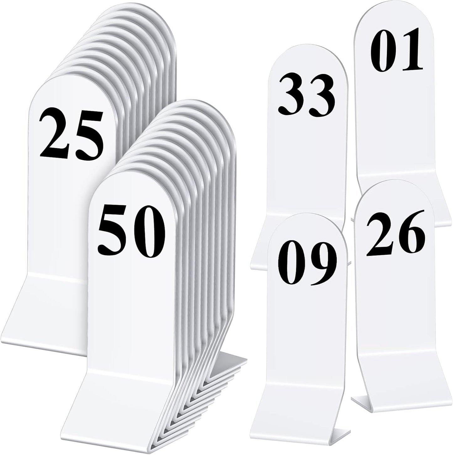 Remerry 50 Pcs Table Numbers 1-50 Acrylic Double Sided Number Cards Acrylic Tent Table Holders Tent Cards Wedding for Restaurant, 2.36 x 6.3 Inch (White)