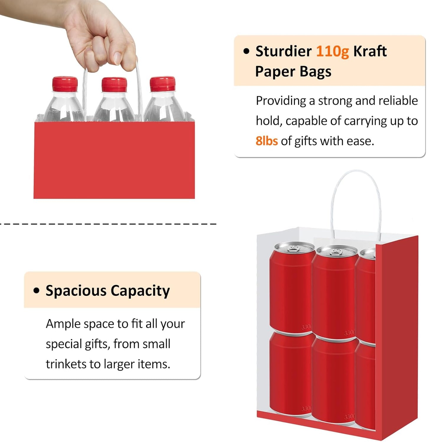 BagDream 8x4.25x10.5 Inch 100Pcs Red Gift Bags Medium Size, Kraft Paper Bags with Handles Bulk for Wedding, Party Favors, Business, Christmas, Grocery Paper Sacks