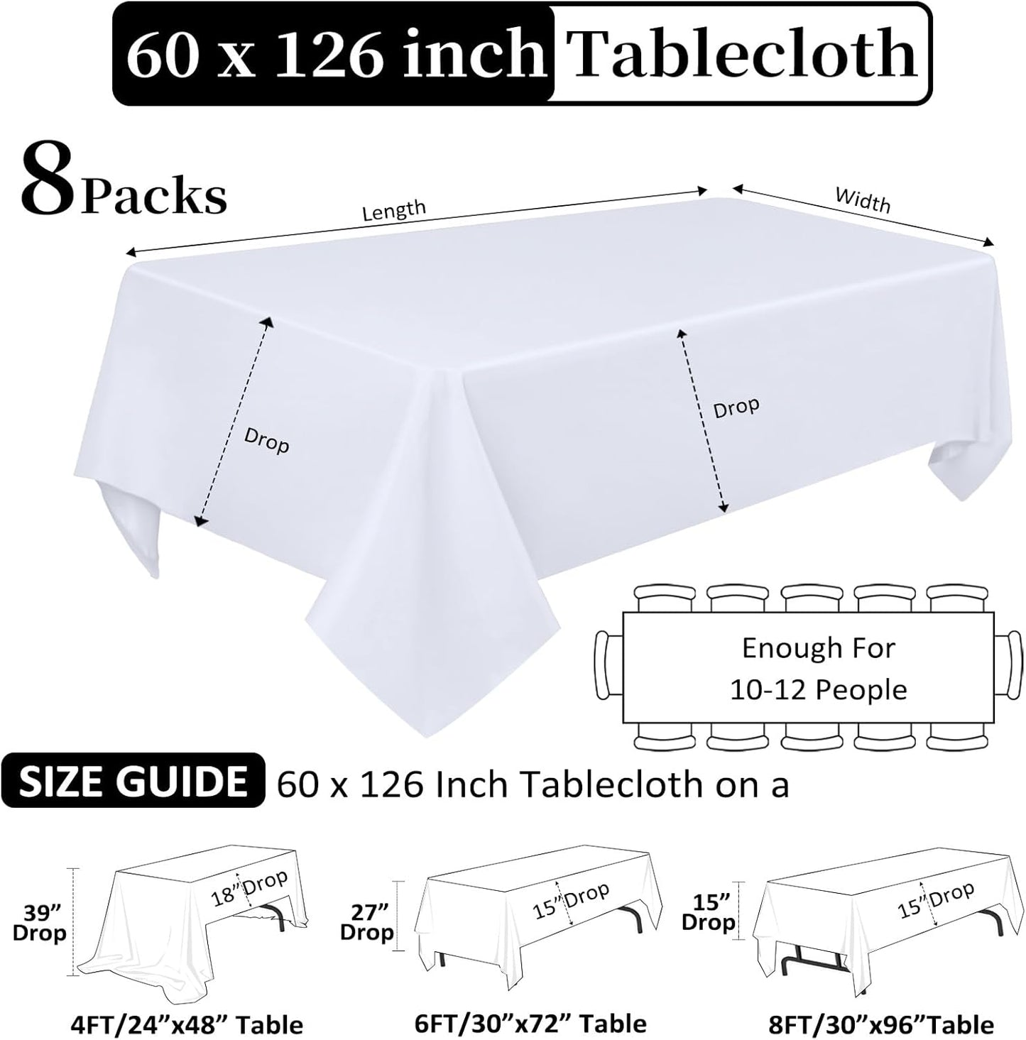8 Pack White Table Cloth 60 x 126 Inch Rectangular Tablecloths for 8 Foot Rectangle Tables, Wrinkle Resistant White Tablecloth Washable Polyester Fabric Table Covers for Buffet Wedding Party Banquet