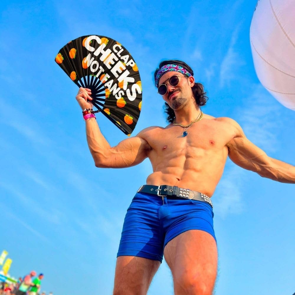 Kandies World UV Reactive Custom Festival Folding Hand Fan - Unique Designs, Bamboo, Clacking Sound, Lightweight - Perfect Rave and Festival Accessory! (Clap cheeks not fan)