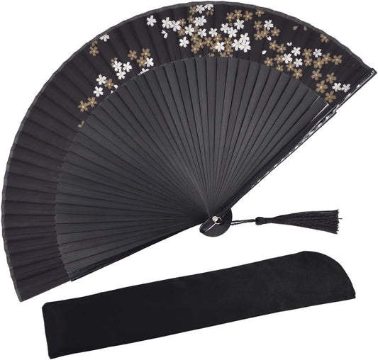 Amajiji Small Folding Hand Fan for Women, Chinese Japanese Vintage Style Bamboo Silk Fans for Party Wedding Dancing Decoration Gift Performance (AM-34)