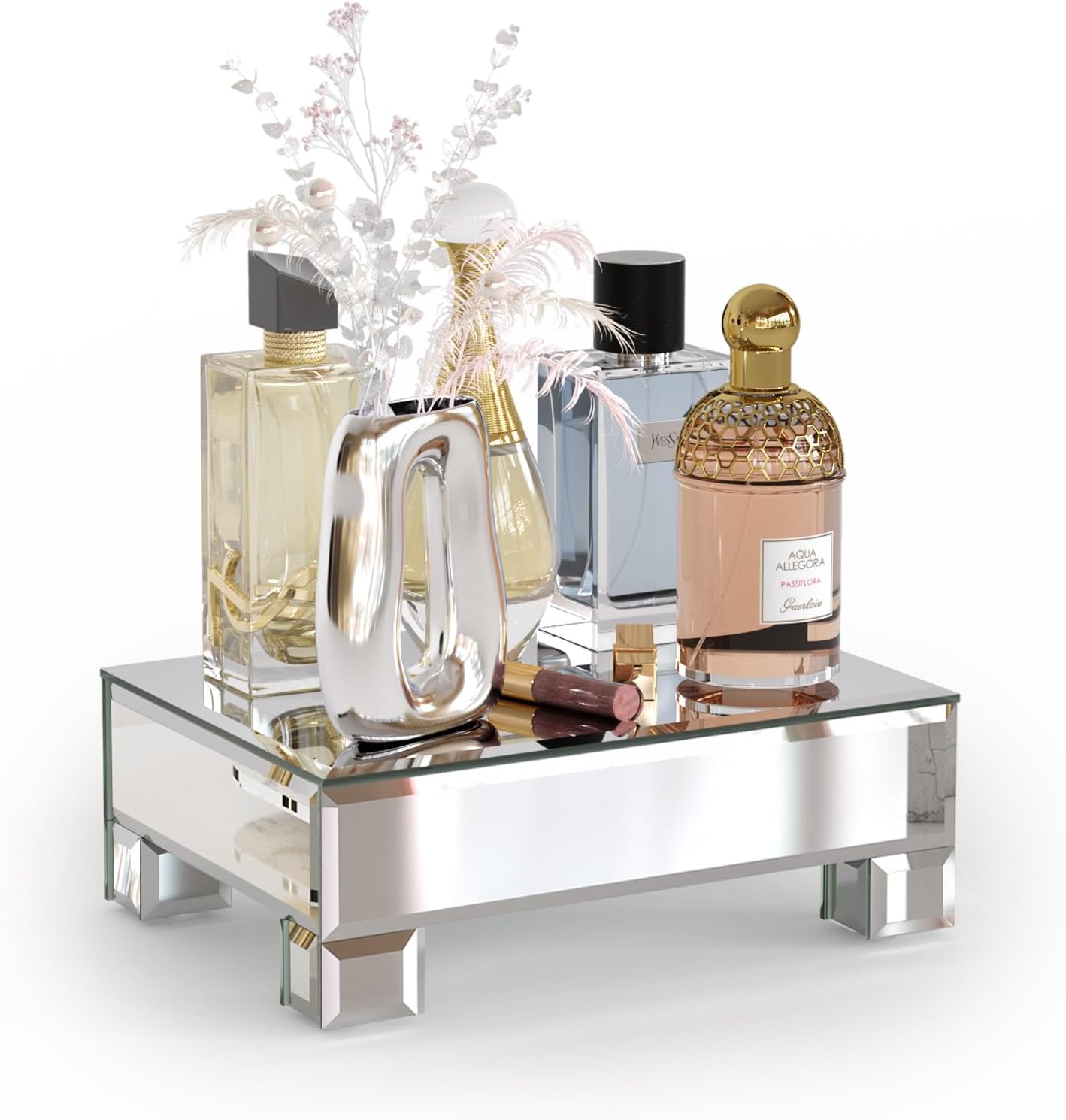 Mirrored Risers for Display, Tabletop Display Stand, Mirrored Perfume Tray for Vanity, Silver Soap Stand, Pedestal Stand, Glass Risers for Countertop, 8.6”W x 6”D x 3”H