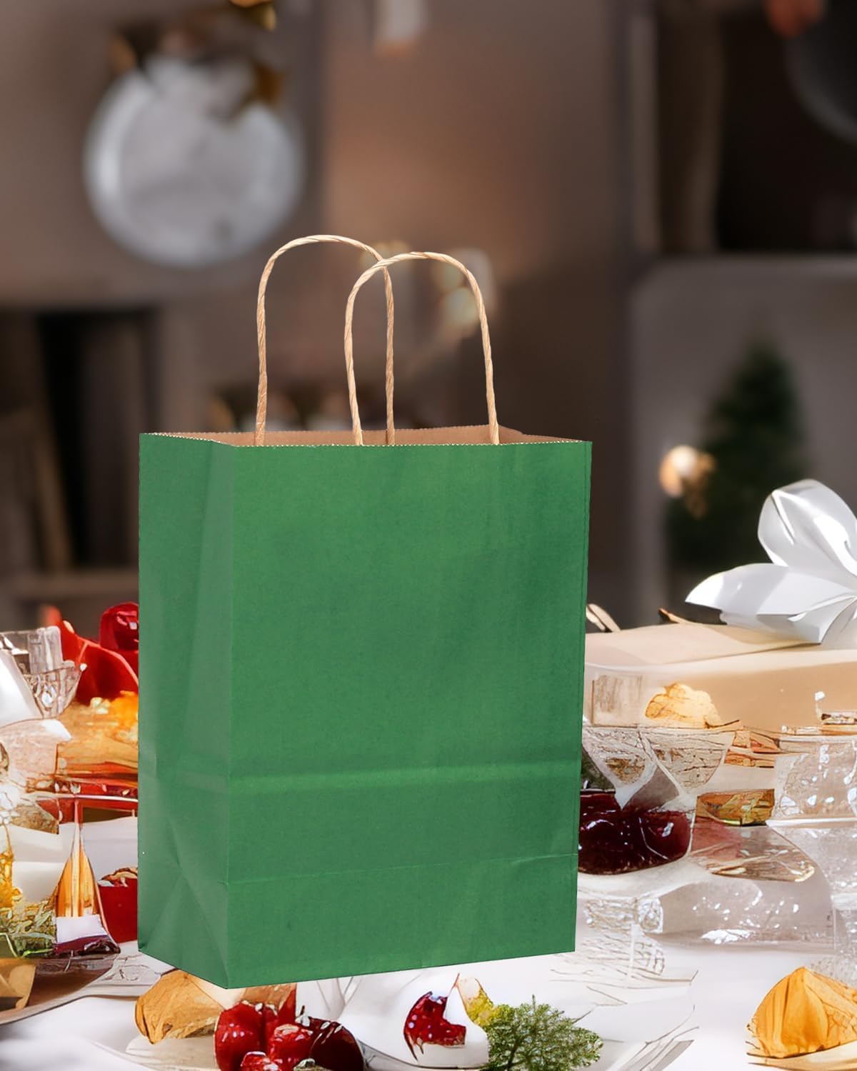 qiqee 50-Packs Kraft Deep Green Paper Gift Bags with Handles Bulk 11"x8.3"x4.3" Medium Size Paper Bags Multiple Uses