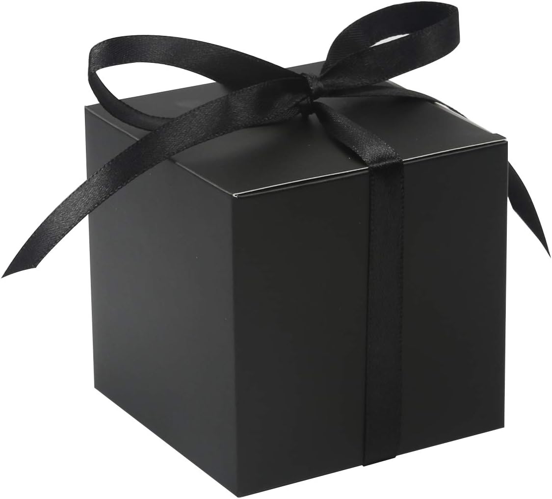 COTOPHER 60pcs Wedding Favor Boxes, Paper Gift Boxes 3x3x3 Inches Small Gift Boxes with Ribbons, Easy Assemble Boxes (Black)