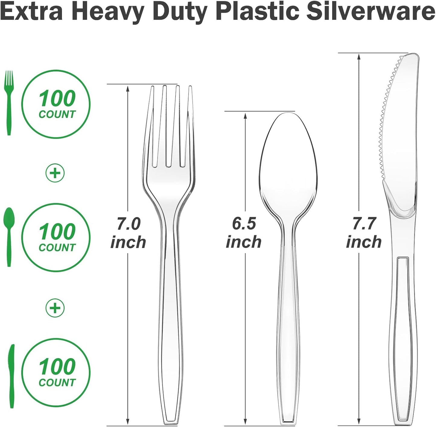 300 Count Extra Heavy Duty Clear Plastic Silverware, 100 Forks, 100 Spoons, 100 Knives, BPA-Free, Heat Resistant, Disposable Plastic Utensils Set, Plastic Cutlery Set, Plasticware Bulk