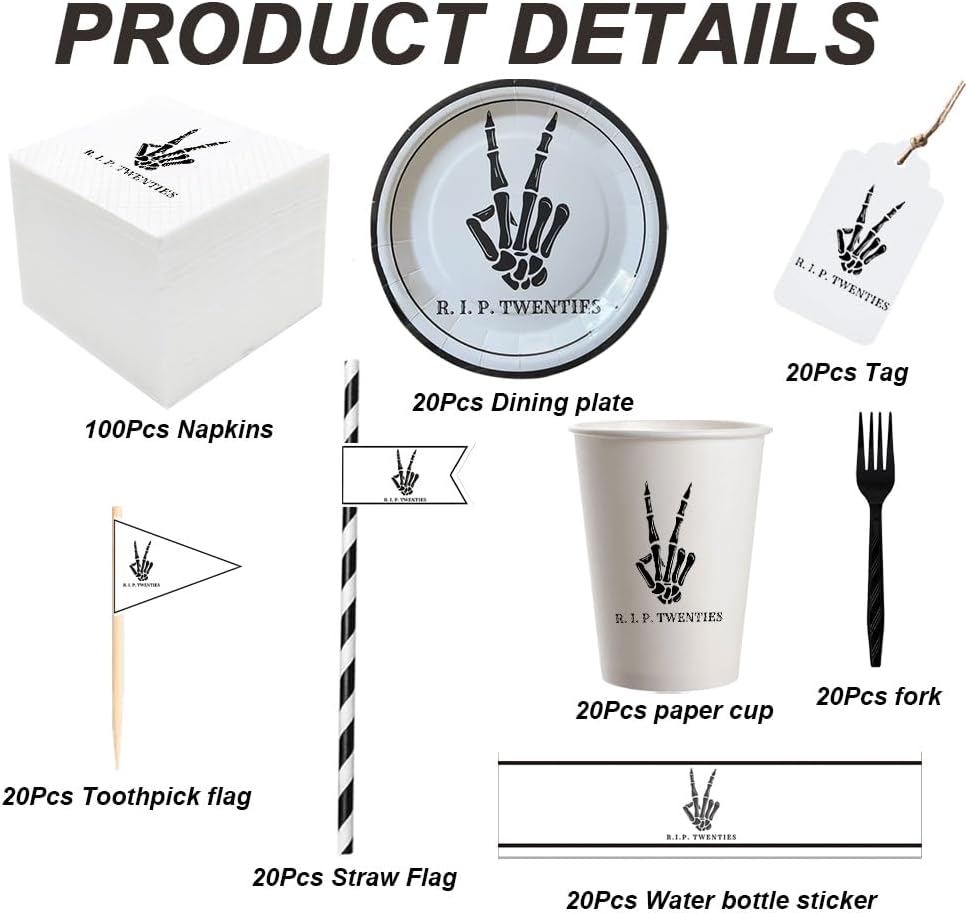 SharkBliss RIP Twenties Party Supplies 240 PCS – Paper Cocktail Napkins Party Cups Water Bottle Labels Toothpick Flags Drinking Straws Gift Tags Forks Plates for Death to My 20s 30th Birthday