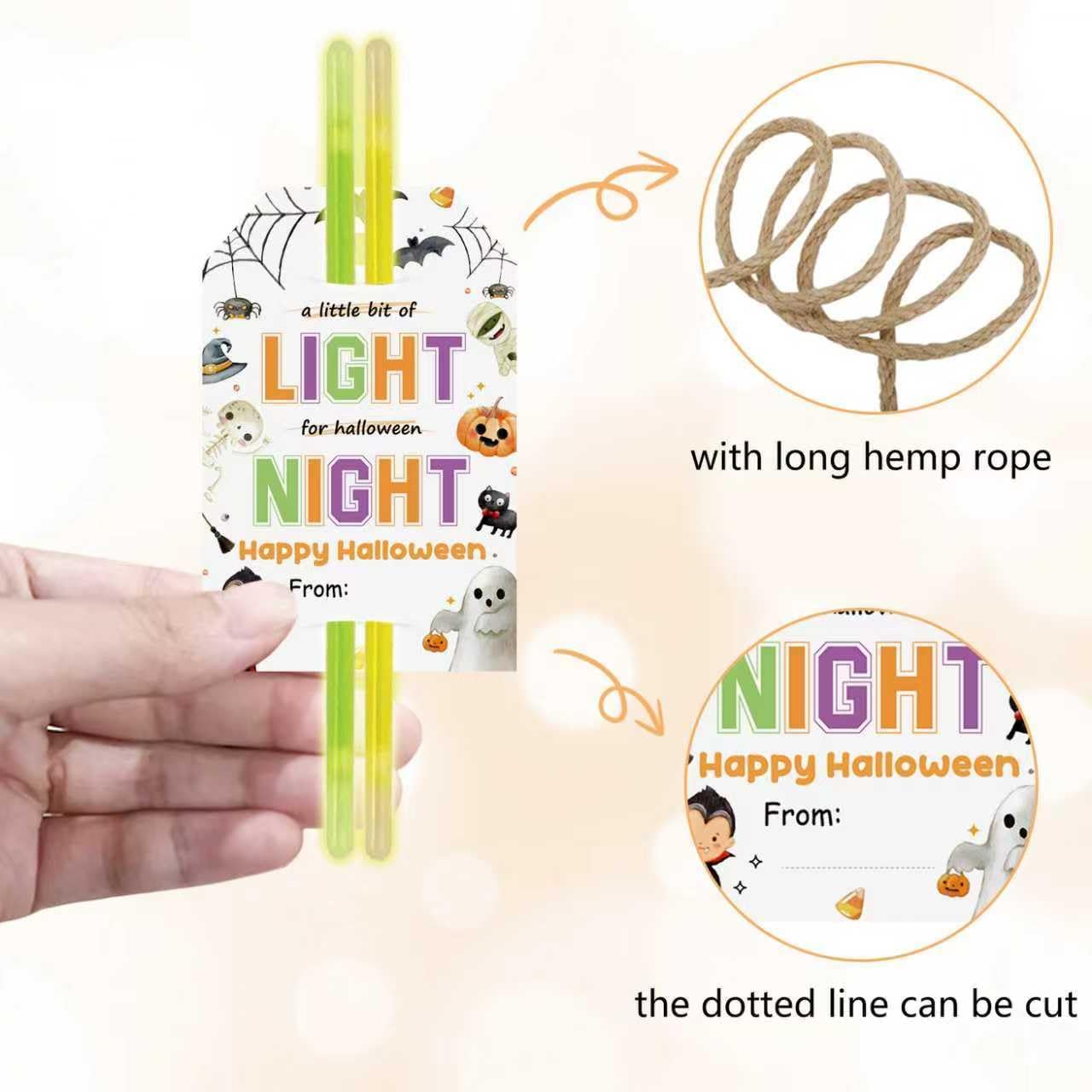 50pcs Halloween Glow Stick Holder Tags, A Little Bit of Light for Halloween Night Tags for Halloween Party Favor and Gift Wrapping Decoration (Light)