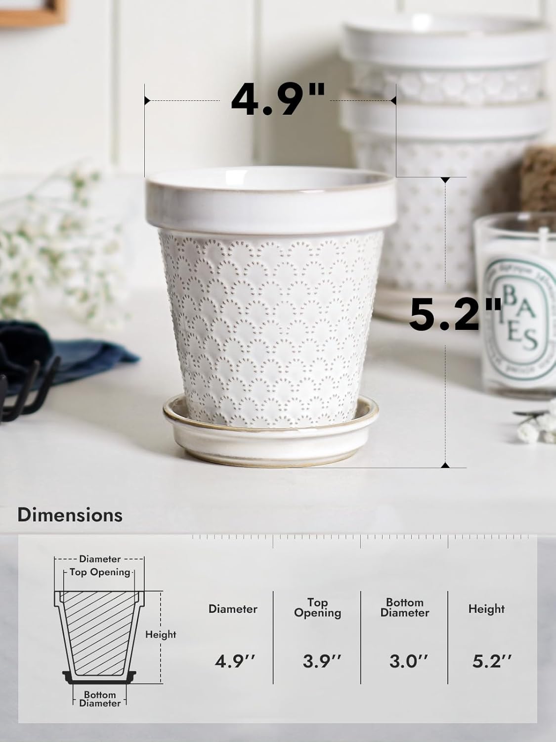 LE TAUCI Ceramic Plant Pots, 4.9 Inch Flower Pots with Drainage Hole & Saucer, Embossed Planter Pots for Indoor Plant Succulent, Orchid, Cactus, Home Decor - Set of 4, Arctic White