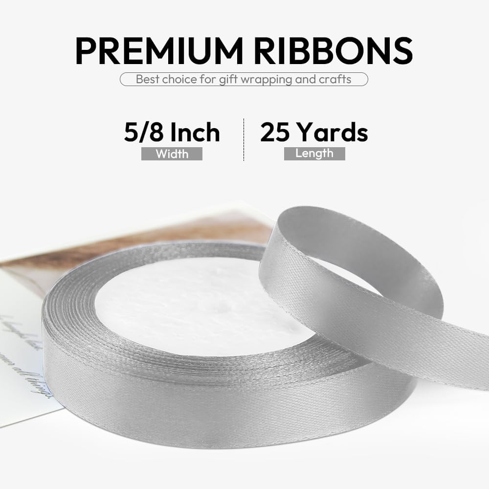 5/8 Inch 25 Yards Satin Ribbon Silver, Solid Color Fabric Ribbon for Gift Wrapping, Wedding, Polyester Gift Ribbon for Birthday Party Decoration, Craft, Hair, Floral, Sewing