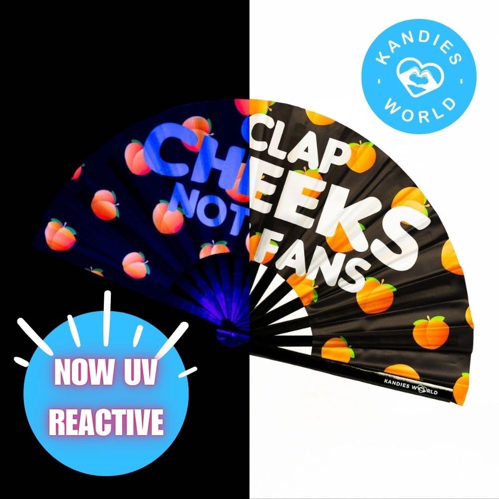 Kandies World UV Reactive Custom Festival Folding Hand Fan - Unique Designs, Bamboo, Clacking Sound, Lightweight - Perfect Rave and Festival Accessory! (Clap cheeks not fan)