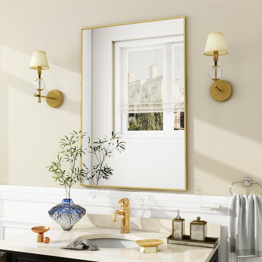 BEAUTYPEAK Gold Bathroom Wall Mirror - 24" x 36" Rectangular Mirror with Metal Frame, Hangs Horizontal or Vertical for Living Room Bedroom Bathroom Entryway