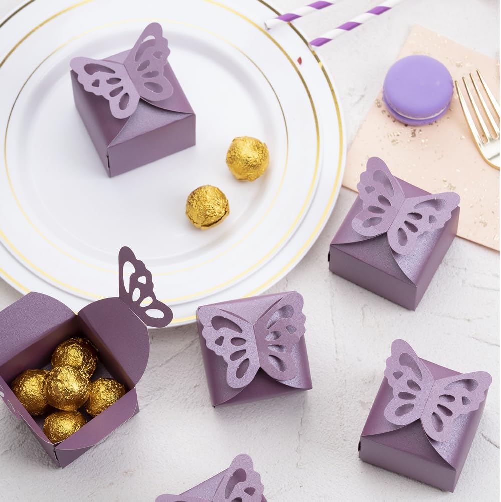 AWELL Purple Gift Candy Box Bulk 2.5x2x2.5 inches with Butterfly Bow Party Favor Box for Mother's Day, Purple,Pack of 50