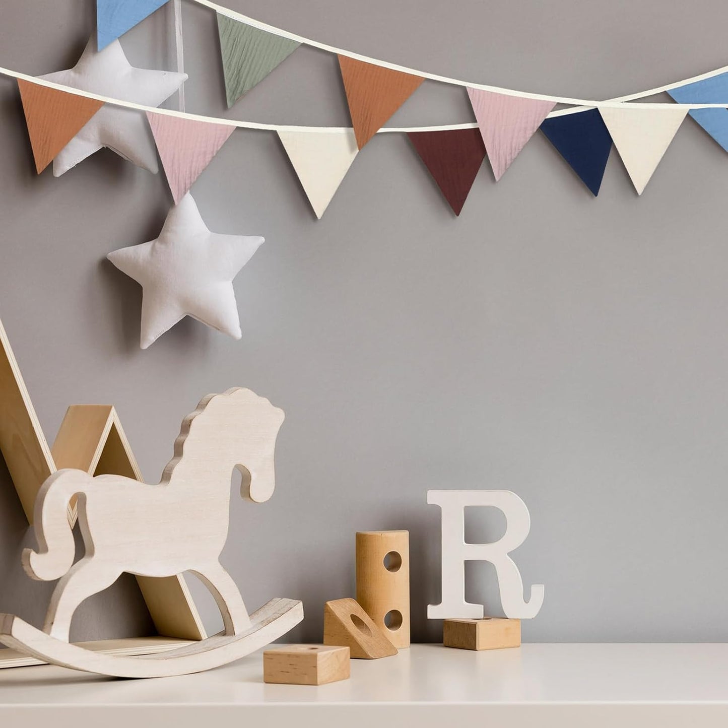 Oudain 15.5 ft Pennant Banner Flags, 2 Pcs Nursery Garland Triangle Bunting Flag Baby Banner for Nursery Decor Baby Birthday Boho Wedding Shower Party Event, Each 7.75 ft(Neutral Color)