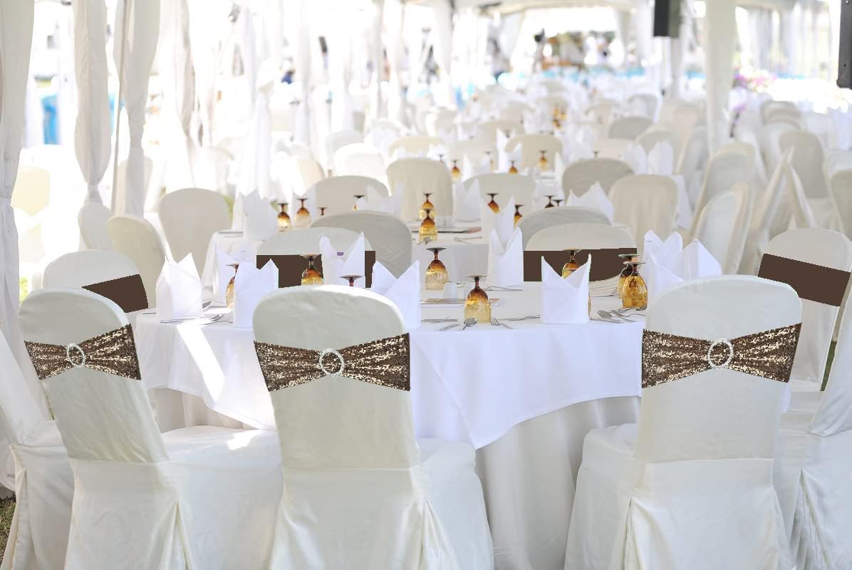 10 Pcs Sequin Chair Sashes Stretch Chair Bands Spandex Polyester Bows for Party Hotel Wedding Banquets Decoration - Coffee