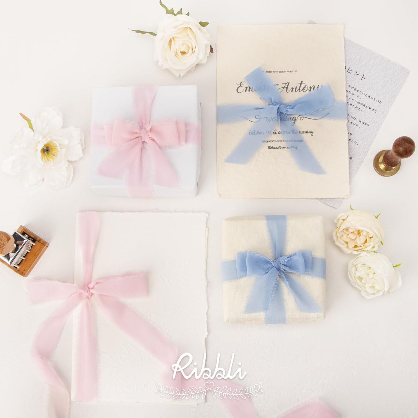 Ribbli Light Dusty Blue Ribbon 1 Inch x 3 Rolls Total 24 Yards Light Blue Handmade Fringe Chiffon Silk Ribbon for Wrapping Wedding Invitations Bridal Bouquets DIY Crafts Home Decor