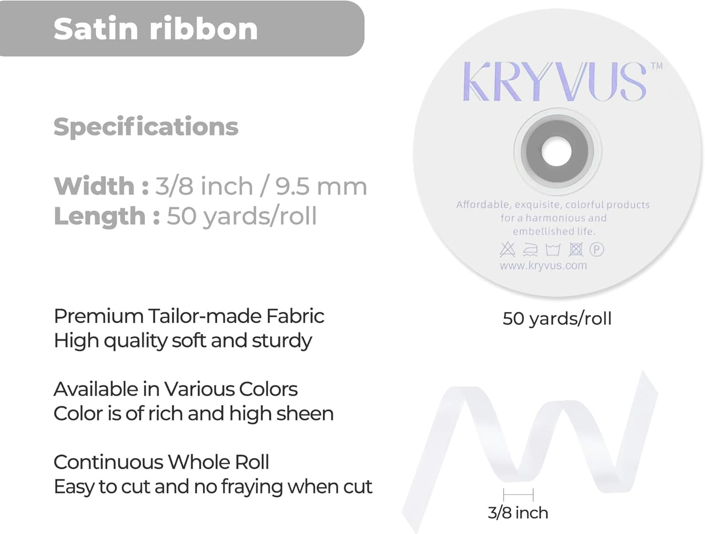 White Satin Ribbon 3/8 inch X Continuous 50 Yards, Single Face Polyester Ribbon Perfect for Gift Wrapping, Flower Bouquet, Wedding Decor, Crafts, Bow Making, Sewing and More