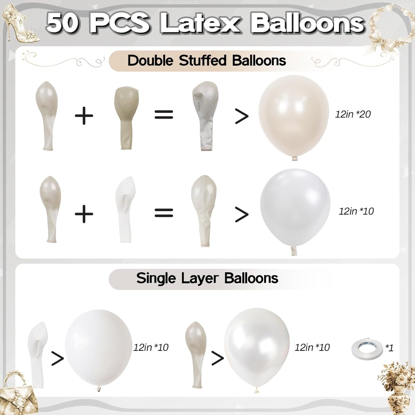 Pearl White Balloons, 50 PCS 12 Inch Double Stuffed Pearl Sand White Balloons with Thick Ivory Latex Balloon for Wedding Engagement Baby Shower Bridal Birthday Anniversary Party Decorations Supplies