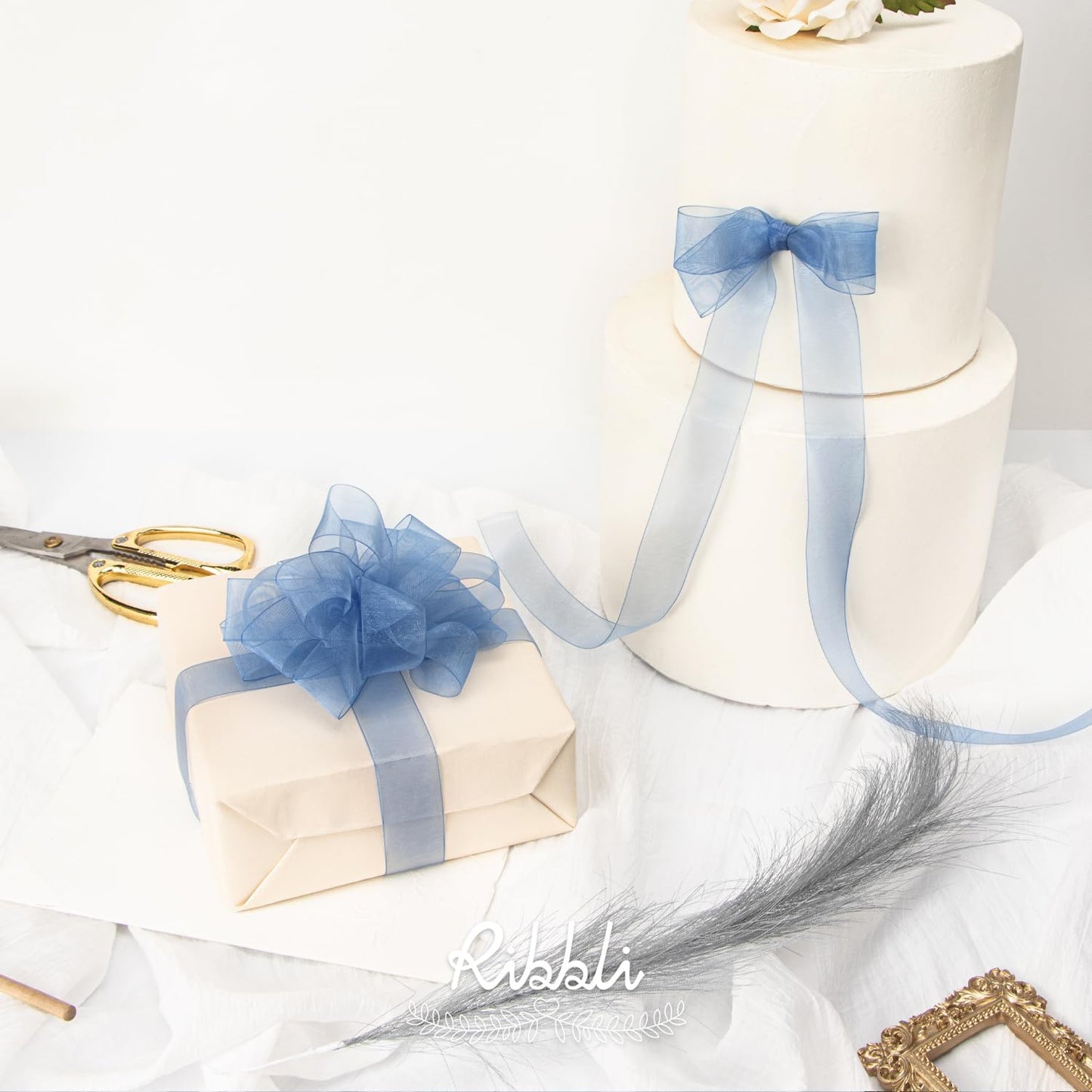 Ribbli Dusty Blue Organza Ribbon 1 Inches x Continuous 50 Yard Blue Sheer Ribbon for Gift Wrapping,Cookie Wrapping,Wedding Decoration