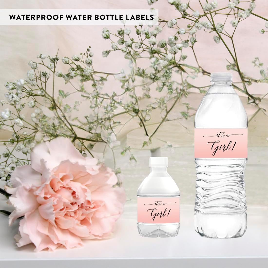 Andaz Press Blush Pink Rose Elegant Party Baby Shower Collection, Waterproof Water Bottle Labels, It's a Girl!, 20-Pack, Party Favors Decor Gift Ideas