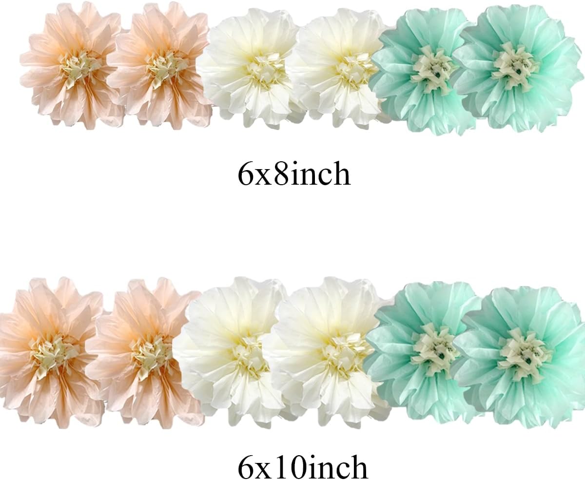 12pcs 8in 10in Paper Flowers Tissue Flowers Pom Mint Cream Peach Kit Paper Pom Poms Hanging Paper Flowers Wall Backdrop Wedding Party Flower Decorations DIY Art Craft Blooms for Birthday Baby Shower