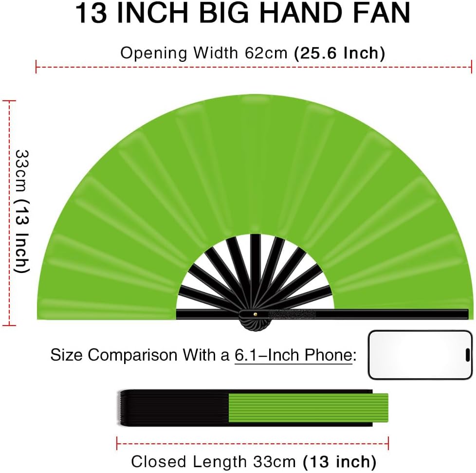 13" Large Folding Rave Fan with Holster, Clack Hand Fans Foldable for Line Dancing, Boots On The Ground Fan for Women Men Festival EDM Party Decoration, Green