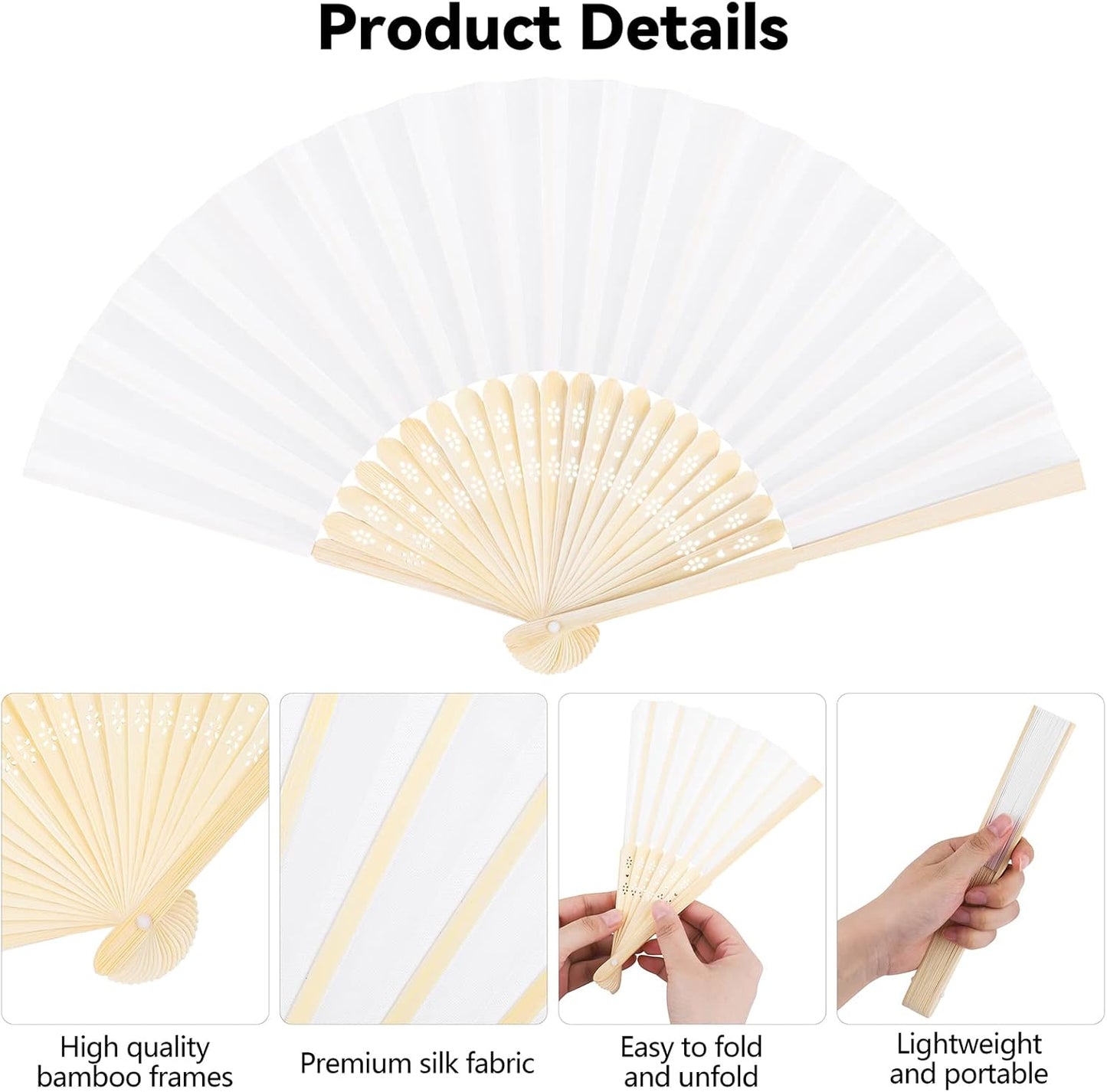MCEAST 30 Pieces Silk Folding Fans with Bamboo Frames, Handheld Fan Foldable Fan for Wedding Gifts, Party Favors, Home Decoration, White