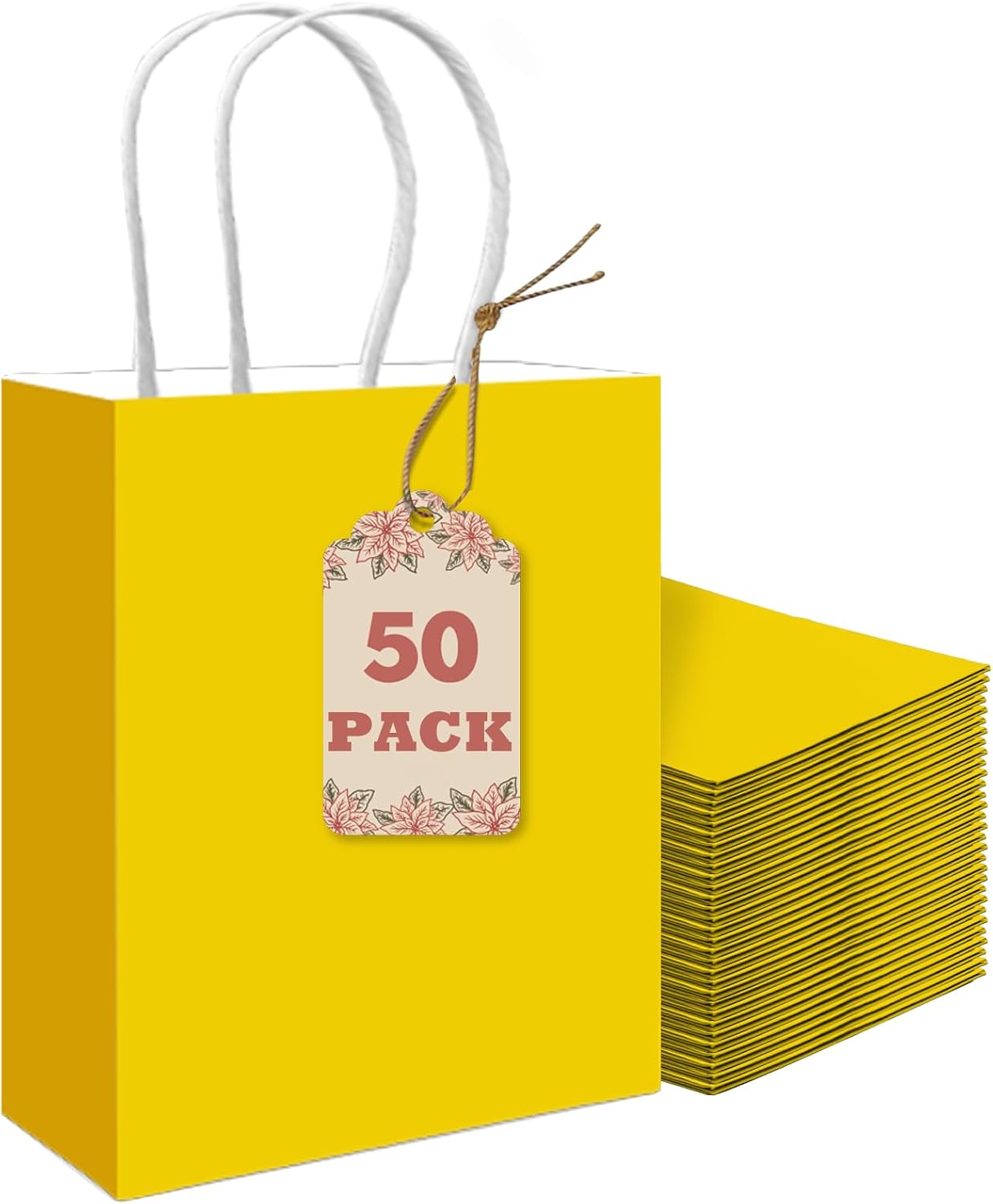 qiqee 50-Packs Gift Bag with Handles Bulk Bright Yellow Paper Bags Multiple Uses (8.3"x3"x6" Small Size)