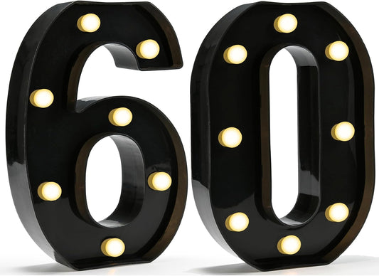Pooqla Decorative Led Light Up Number Letters, Black Plastic Marquee Number Lights Sign for 60th Birthday Party Wedding Decor Battery Operated Black Decoration 60