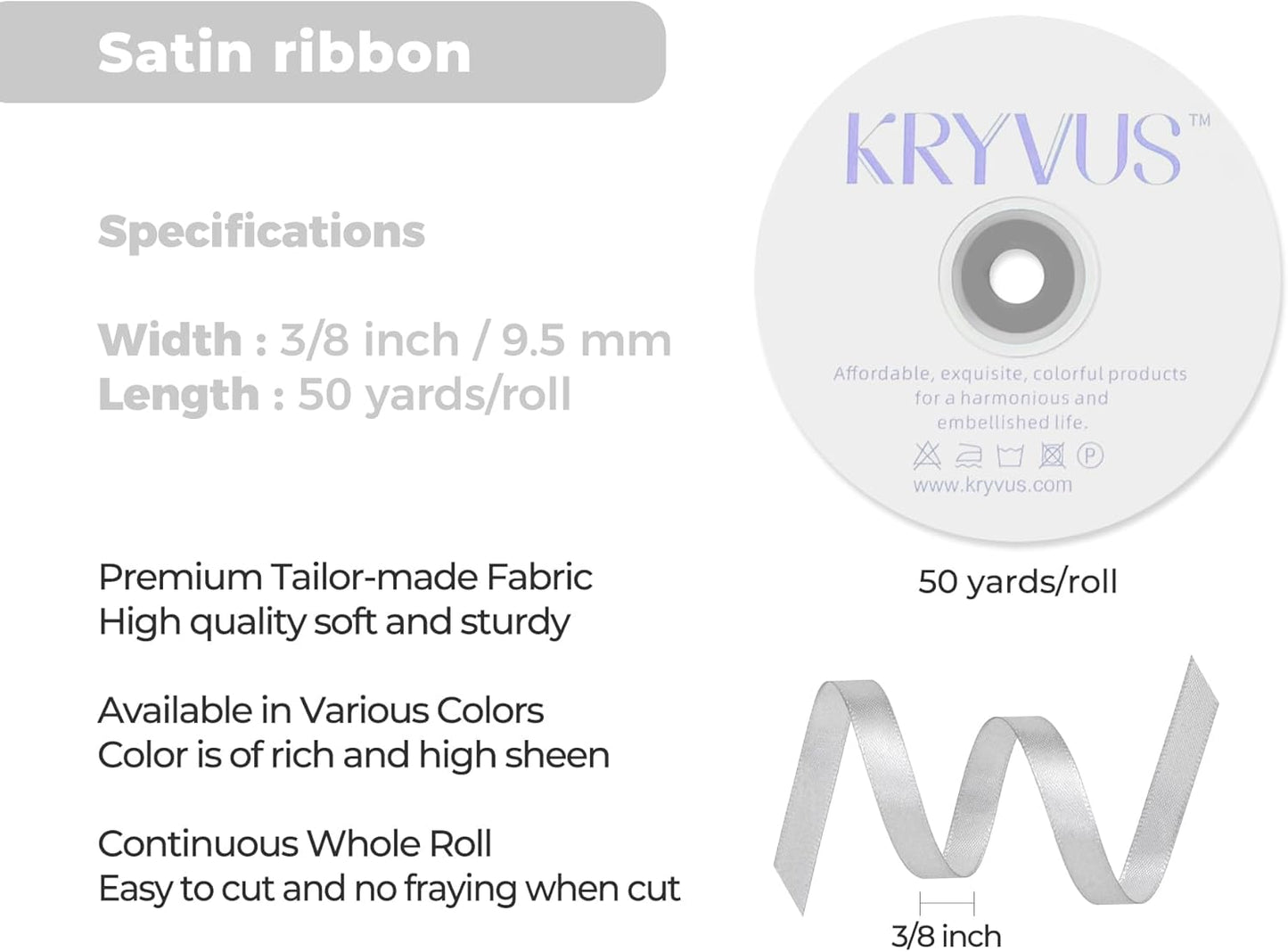 Silver Satin Ribbon 3/8 inch X Continuous 50 Yards, Single Face Polyester Ribbon Perfect for Gift Wrapping, Flower Bouquet, Wedding Decor, Crafts, Bow Making, Sewing and More