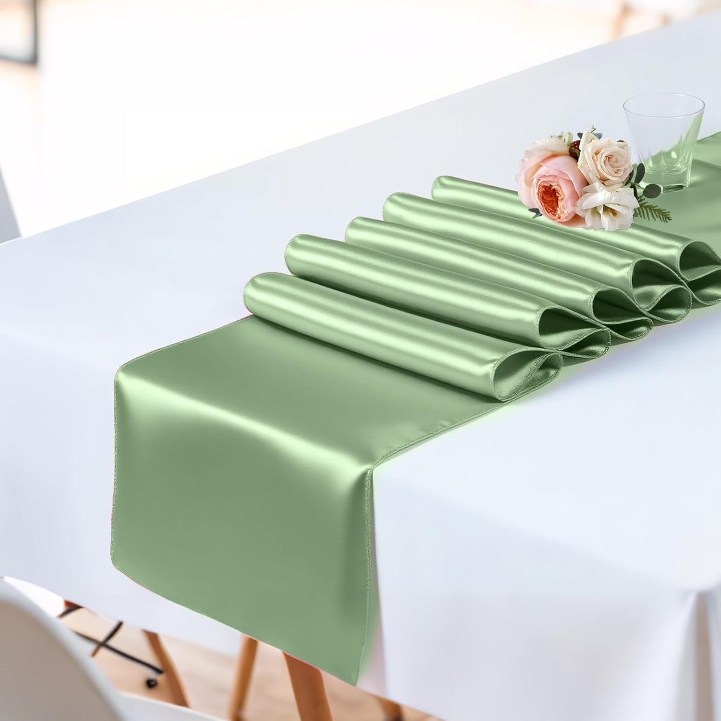 2 Pack Sage Green Satin Table Runner 12x108 Inches Long, Bright Silky Smooth Satin Table Runner Table Decor for Wedding Banquet Christmas Prom Event Birthday Party