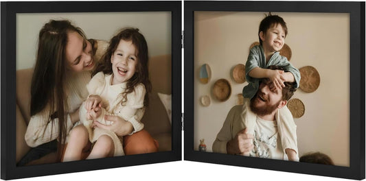 decorUhome Double 10x8 Picture Frame Vertical, Engineered Wood Bifold Photo Frame with Plexiglass for Tabletop Display, 10x8, Black