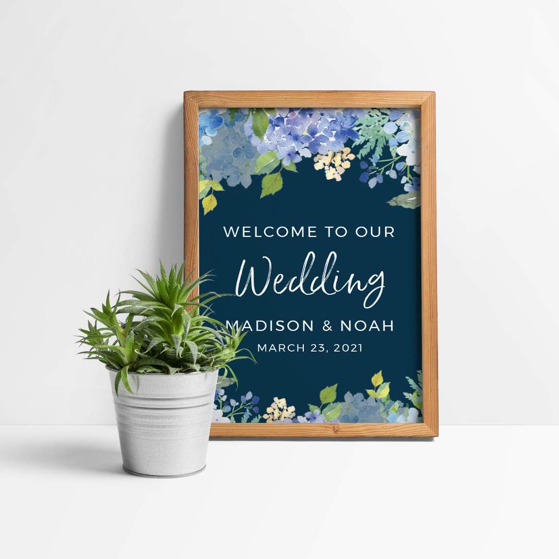 Andaz Press Personalized Extra Large Wedding Easel Board Party Sign, 12x18-inch, Baby Blue Hydrangea Floral Flowers on Navy Blue, Welcome to Our Wedding Bride Groom Name Date, 1-Pack, Custom