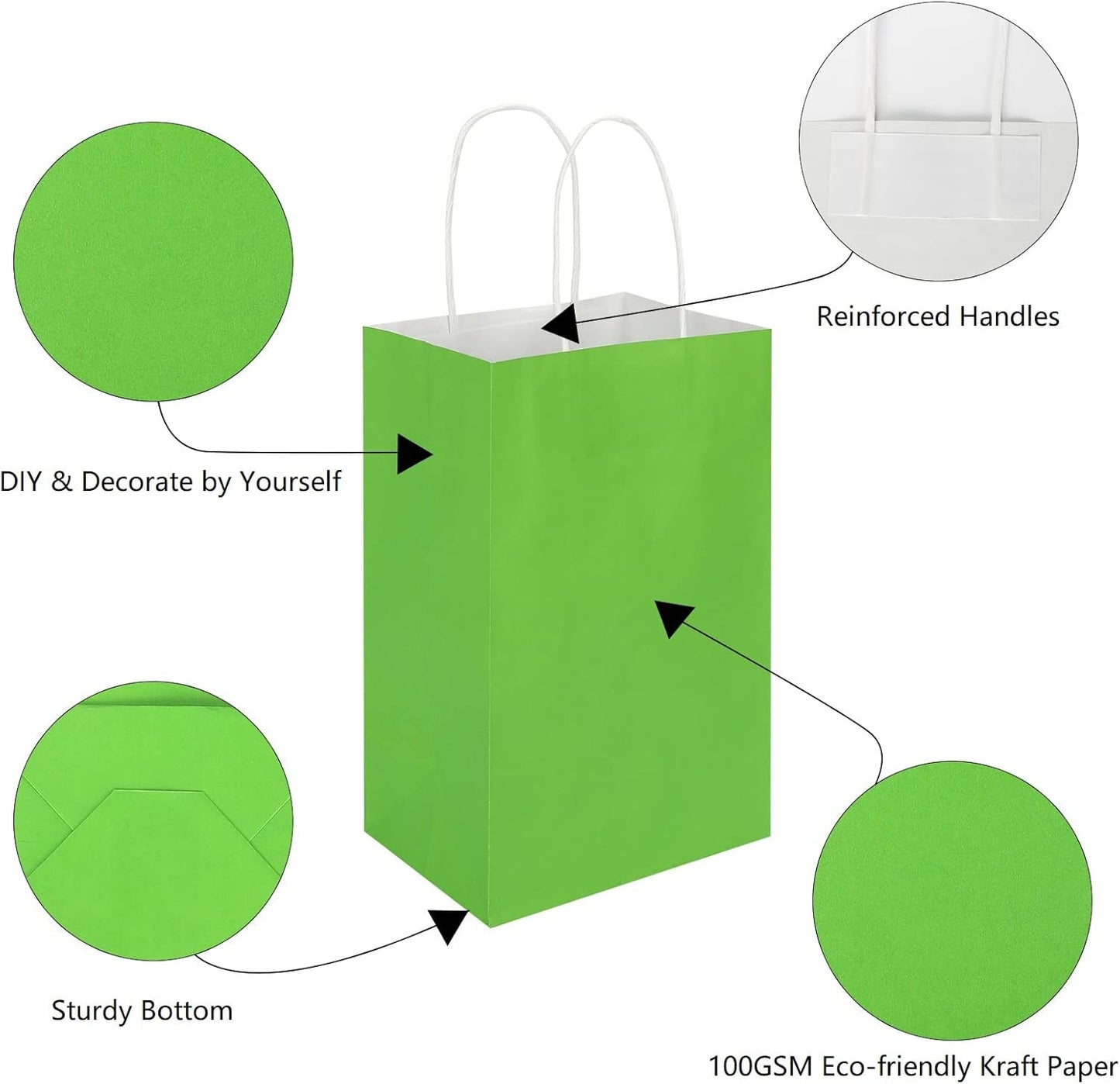 50 Pack 5.25x3.25x8.25 Inch Small Grass Green Kraft Paper Bags with Handles Bulk, Toovip Gift Wrap Bags for Favors Grocery Retail Party Birthday Shopping Business Goody Craft Merchandise Take Out Sacks