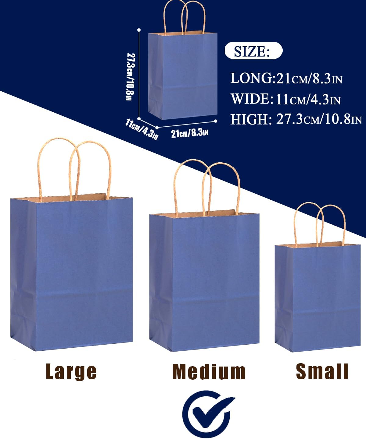 qiqee 50-Packs Kraft Deep Blue Paper Gift Bags with Handles Bulk 11"x8.3"x4.3" Medium Size Paper Bags Multiple Uses