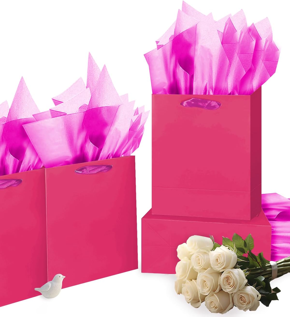 Gcardist Bright Pink Gift Bags with Tissue Paper for Wedding, Birthday, Party Supplies-7.9"x4.3"x9.6" Medium Size Cardboard Gift Bags（5pcs Bags +10pcs Tissue Paper ）