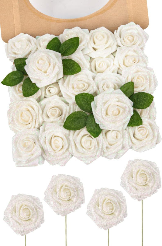 N&T NIETING Artificial Flowers Glowing White Flowers Foam 50pcs Glitter Roses Real Looking Fake Roses with Stem for DIY Wedding Bouquets Centerpieces Bridal Shower Party Home Decorations