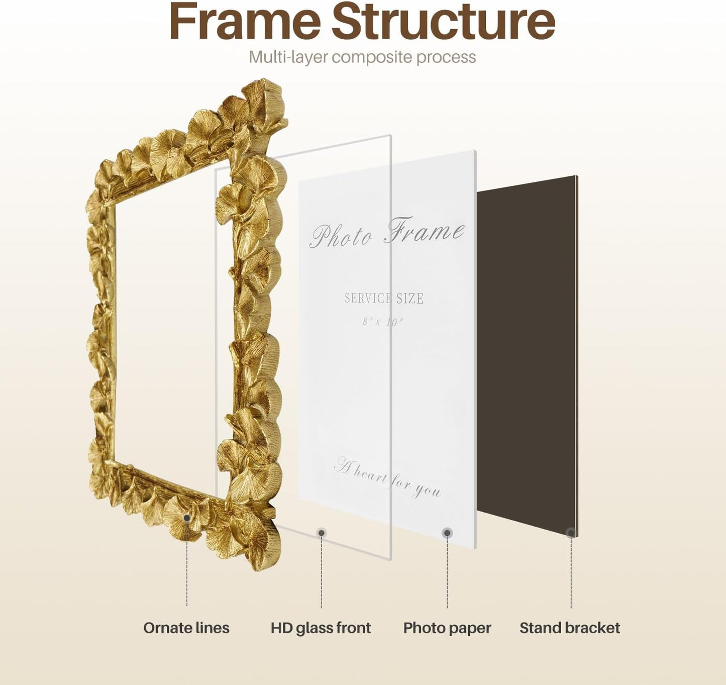 Cuspin Gold 8x10 Picture Frame, Vintage Ornate Picture Frames Leaf Textured Hand-Crafted Resin with Glass Front, Antique Photo Frame for Tabletop Display, Retro Design Home Decor