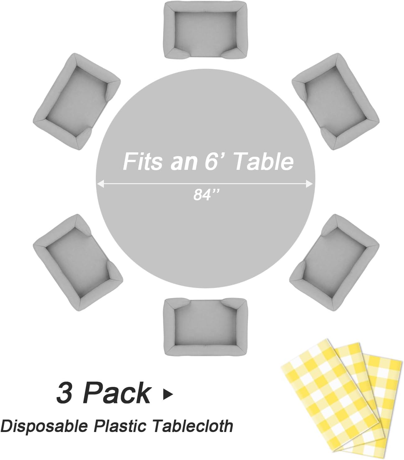 QIKSION Yellow Gingham Round Tablecloth 3 Pack, 84 Inch Plastic Checkered Table Cover Disposable for Parties