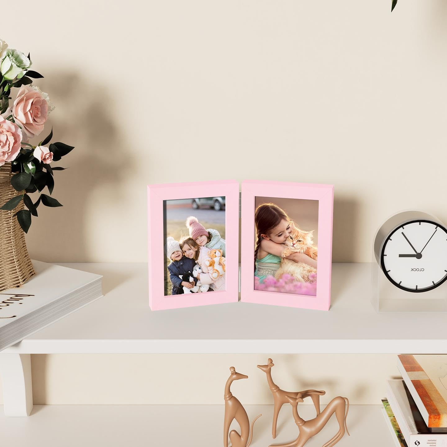 decorUhome Double 4x6 Picture Frame Vertical, Engineered Wood Bifold Photo Frame with Plexiglass for Tabletop Display, 4x6, Pink