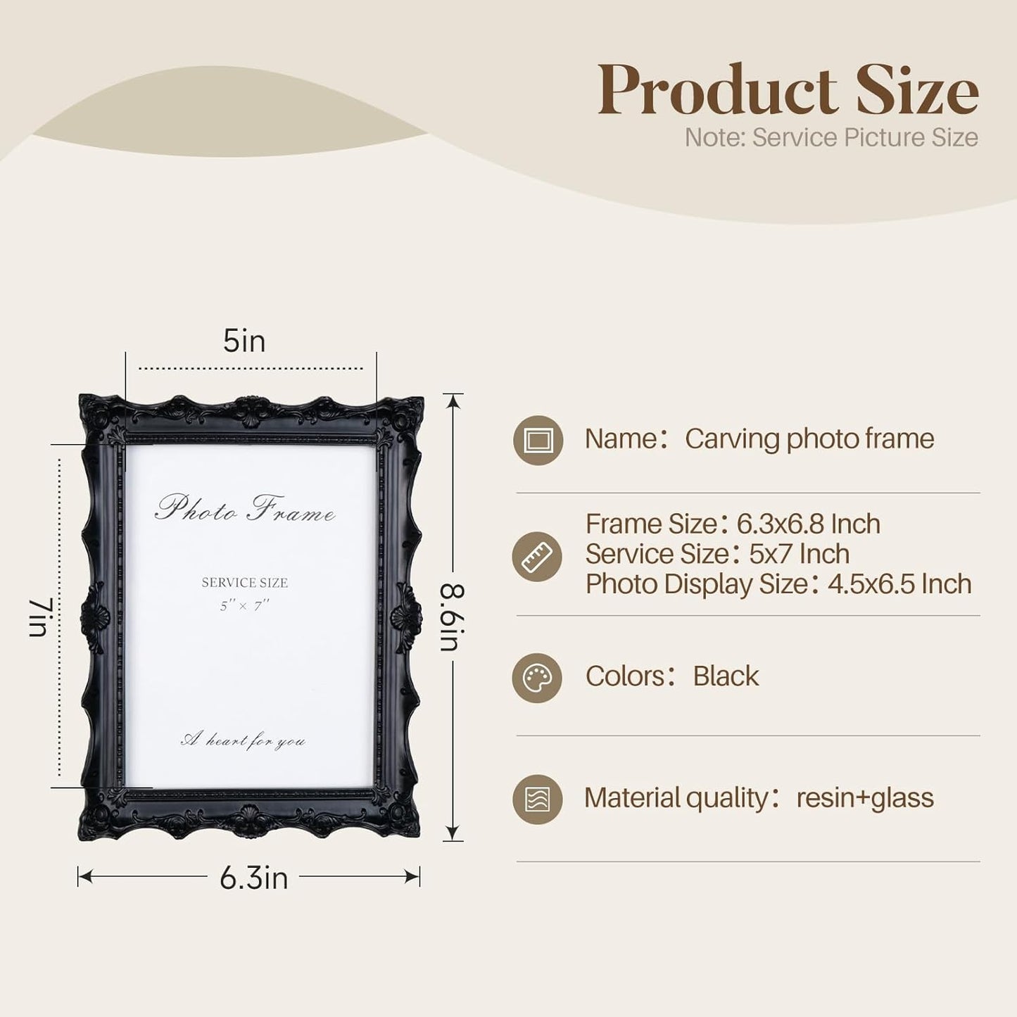 Cuspin 5x7 Black Picture Frame, Handcrafted Resin Frame with Exquisite Carved Details & Glass Front, Vintage Antique Design for Wall Hanging or Tabletop Display, Home Decor