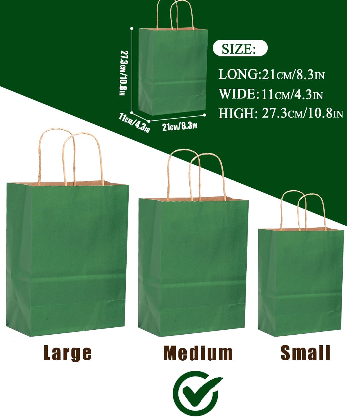 qiqee 50-Packs Kraft Deep Green Paper Gift Bags with Handles Bulk 11"x8.3"x4.3" Medium Size Paper Bags Multiple Uses